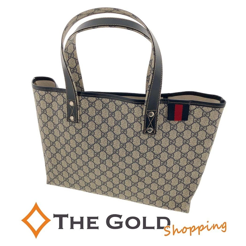 Gucci GG Supreme Plus Tote Bag Sherry Leather Navy Blue Beige